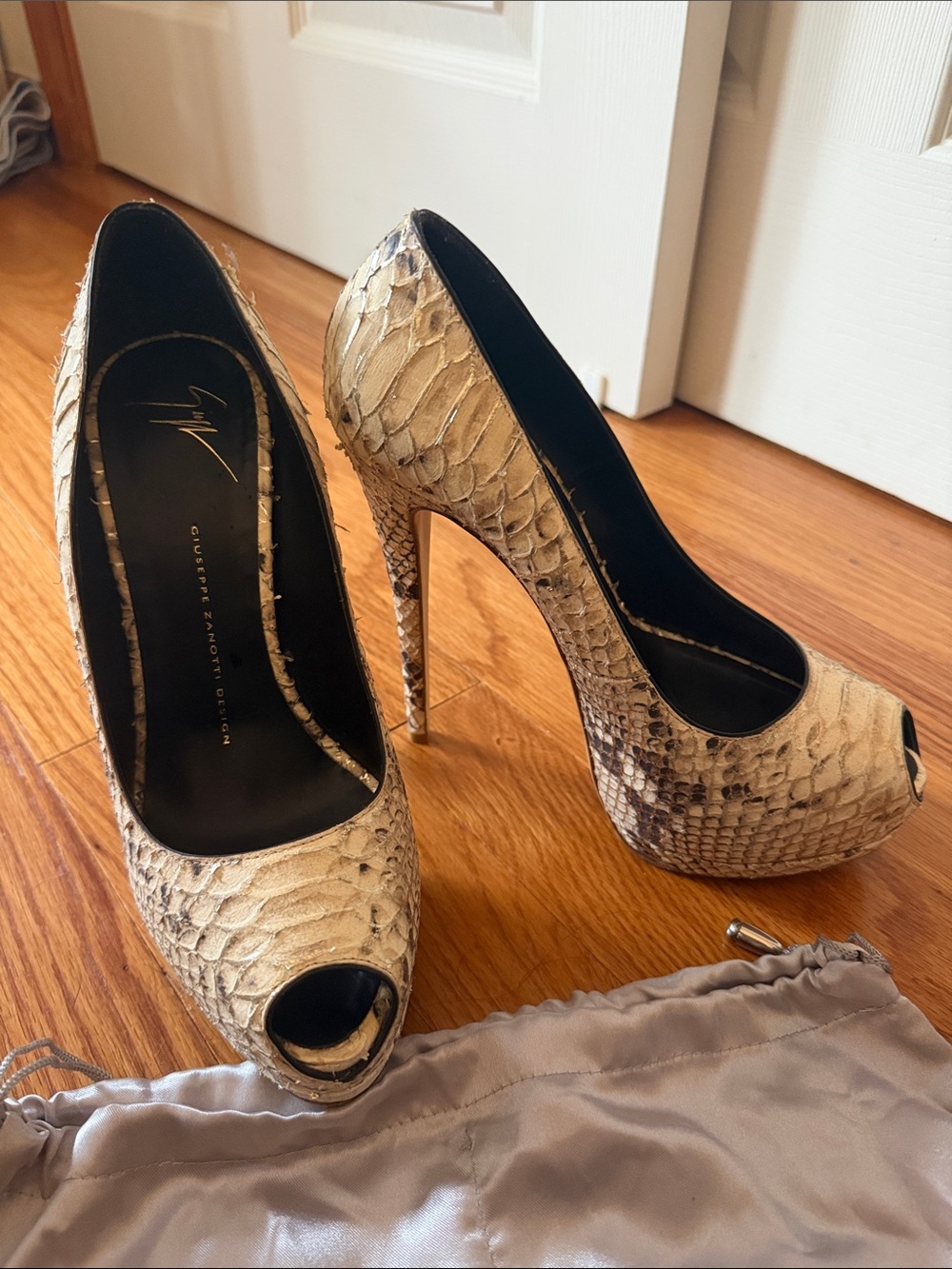 Giuseppe Zanotti Beige Snake-Print Peep-Toe Platform Heels
